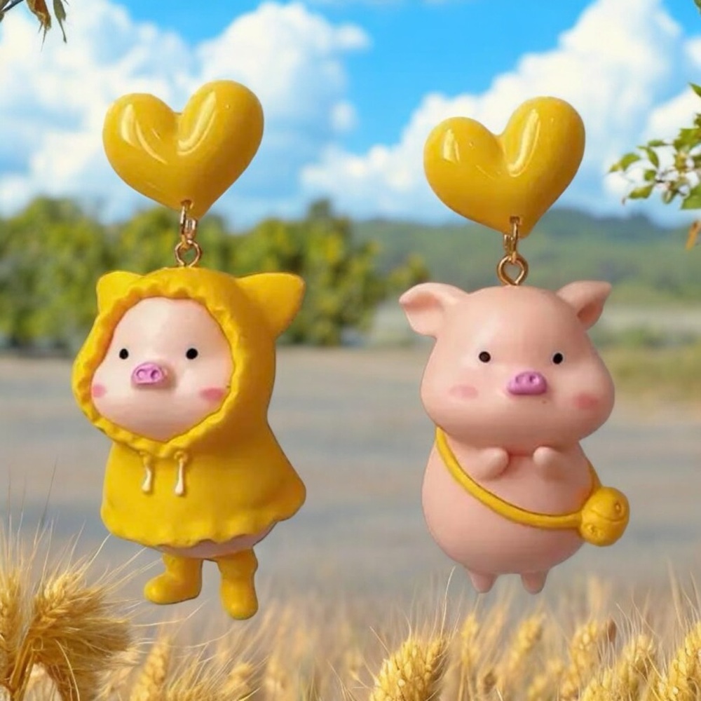 Charming Heart & 3D Piggy Mismatched‎ Drop Earrings - Versatile Accessories - Picture 10 of 11